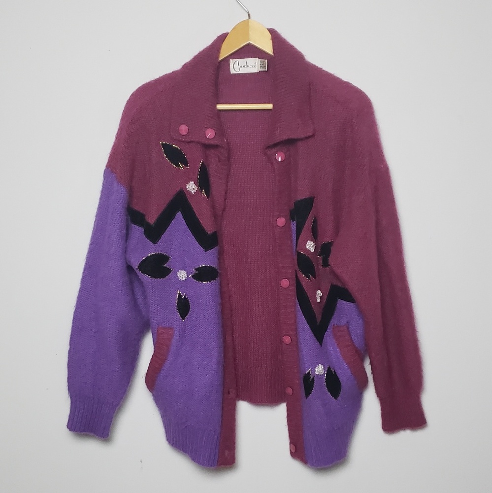 Vintage Chunky Colorblock Beaded Cardigan Sweater Shoulder Pads - Medium